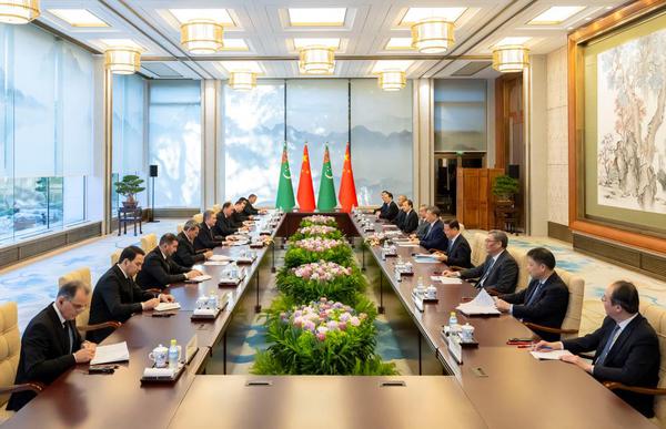 Chinese President Xi Jinping meets with National Leader of the Turkmen People and Chairman of the Halk Maslahaty of Turkmenistan Gurbanguly Berdimuhamedov, who is on a goodwill visit to China, at the Diaoyutai State Guesthouse in Beijing, capital of China, March 18, 2026. (Xinhua/Zhai Jianlan)