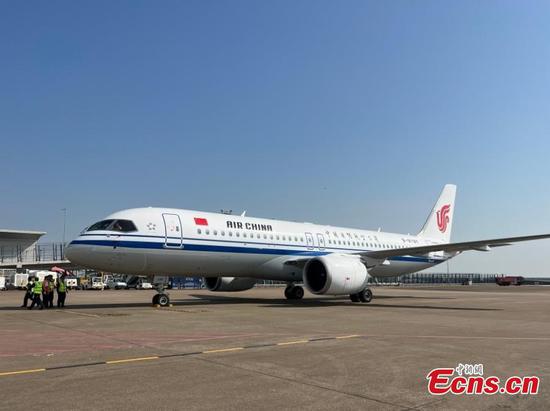 China's homegrown C919 aircraft arrives at Macao International Airport in the Macao Special Administrative Region, Nov. 7, 2024. (Photo: China News Service/Zheng Jiawei)