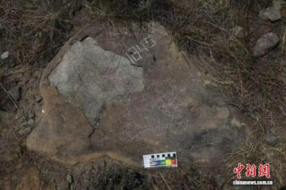 A four-horse chariot rock painting is found in the Helan Mountains. (Photo: The Helan Mountain Rock Art Management Office)