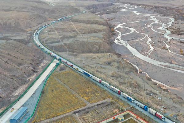 This aerial photo taken on Nov 7, 2023 shows trucks entering the Irkeshtam port in Northwest China's Xinjiang Uygur autonomous region. （Photo/Xinhua）