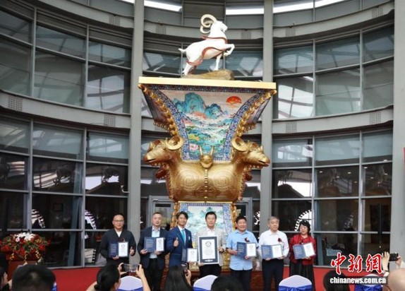 The Shengshi Five-Ram Zun, the largest cloisonne square zun is unveiled at Qianxi County, north China’s Hebei Province, Sept. 19, 2026. (Photo: China News Service/ Liu Dongfeng)