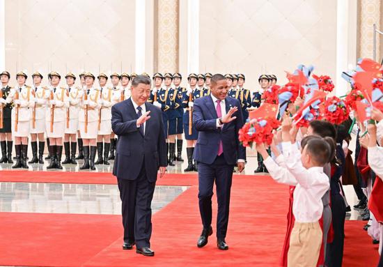 Chinese President Xi Jinping holds a welcome ceremony for Botswana's President Duma Gideon Boko in the Northern Hall of the Great Hall of the People prior to their talks in Beijing, capital of China, Oct. 13, 2026. Xi held talks with Boko, who is on a state visit to China, in Beijing on Tuesday. (Xinhua/Yue Yuewei)