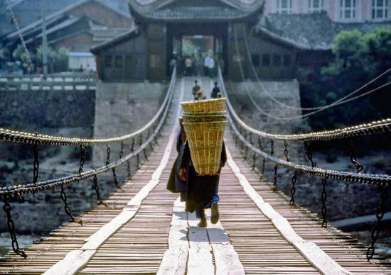 The iron chain bridge at Luding in 1985.