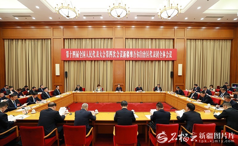3月3日下午，出席十四届全国人大四次会议的新疆代表团在驻地举行全体会议，推选陈小江为新疆代表团团长，艾尔肯·吐尼亚孜、祖木热提·吾布力为副团长。天山网-新疆日报记者 崔志坚摄