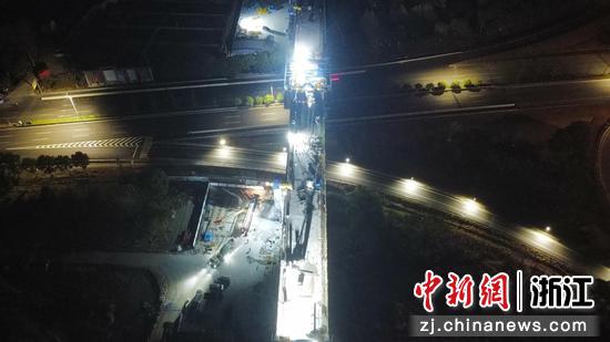 图为：航拍通甬高铁跨嘉南线连续梁合龙。（无人机照片）中新社发 中铁七局 供图