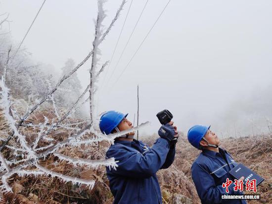 图为南方电网贵州遵义务川供电局工作人员对10千伏浞栗线开展覆冰和测温巡视。王君辉 摄