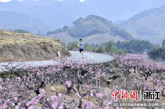 图为：参赛者奔跑在桃园中。中新社发 樊建威 摄