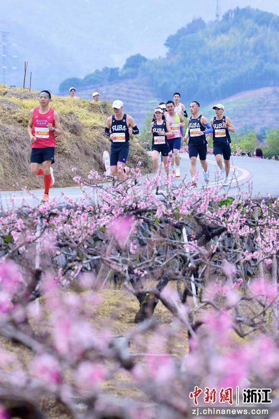 图为：参赛者奔跑在桃园中。中新社发 樊建威 摄