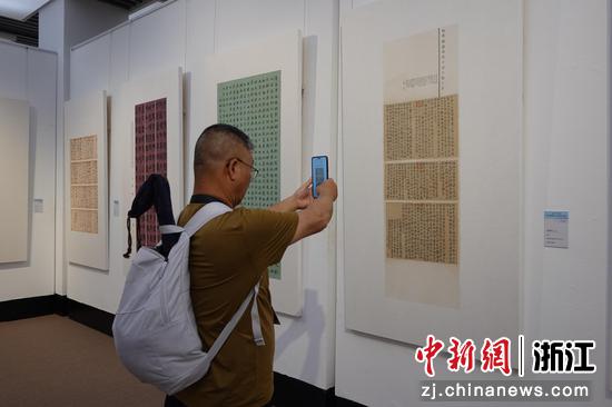 图为观展者拍摄记录书法作品。中新社记者 刘子琳 摄